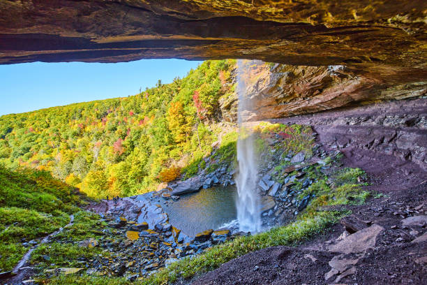 istock Behind huge waterfall tucked into cliffs with open view of fall forest mountains and small tourists below.jpg 1488645649