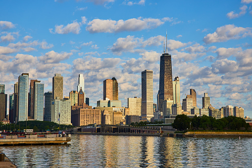 Image of Chicago skyline in morning light on Lake Michigan