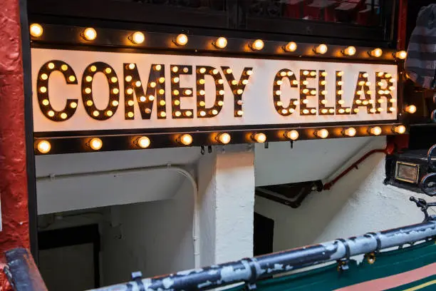 Photo of Comedy Cellar neon bulb lights sign going into basement in New York City.jpg