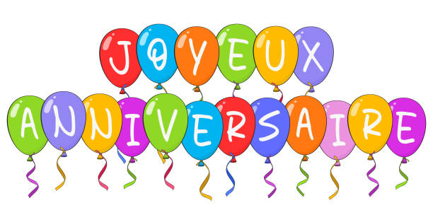 Happy Birthday lettering in French (Joyeux anniversaire) with colorful balloons Happy Birthday lettering in French (Joyeux anniversaire) with colorful balloons. Cartoon. Vector illustration. Isolated on white background anniversaire stock illustrations