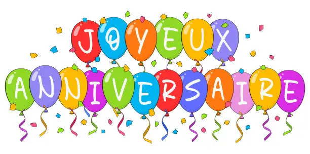 Vector illustration of Happy Birthday lettering in French (Joyeux anniversaire) with colorful balloons and confetti