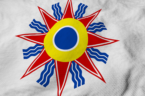 Full frame close-up on a waving Chaldean flag in 3D rendering.