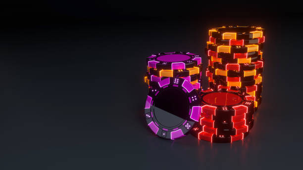istock Purple and Red Casino Chips With Neon Lights - 3D Illustration 1488649886
