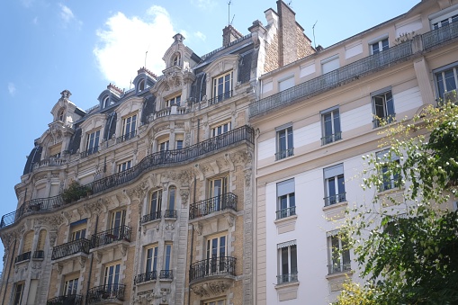 A close-up view of a historic buildings in the heart of Paris, France.
