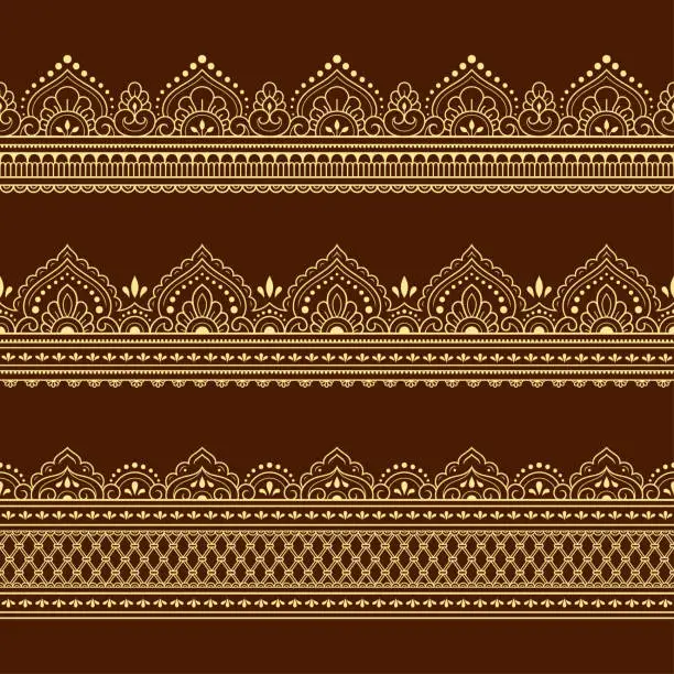 Vector illustration of Set of Seamless borders pattern for Mehndi, Henna drawing and tattoo. Decoration in ethnic oriental, Indian style. Doodle ornament. Outline hand draw vector illustration.