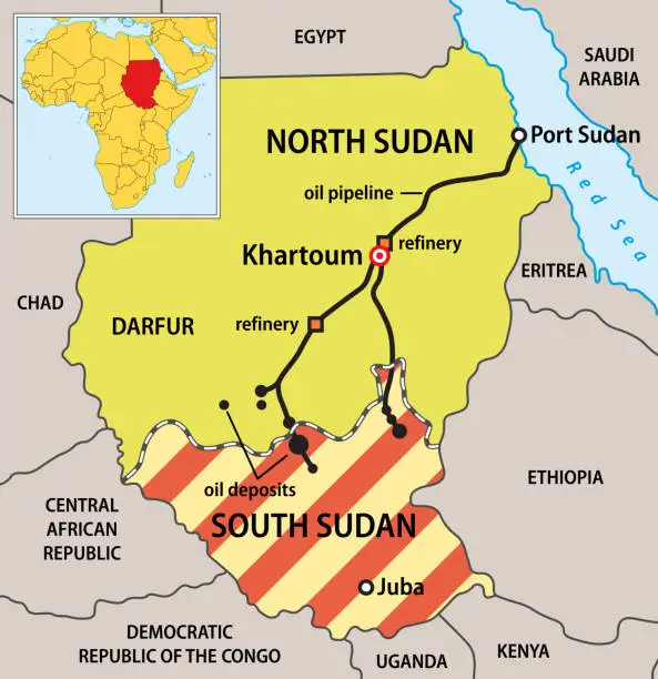 Vector illustration of Sudan map with oil deposits and pipeline