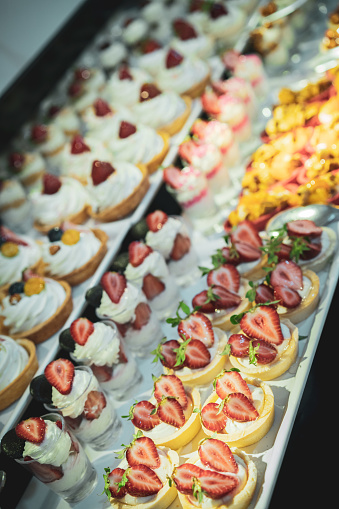 Variety of fruity desserts at the hotel buffet