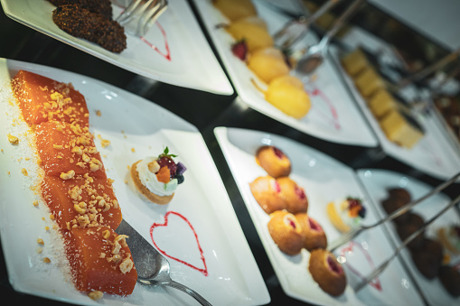 Variety of fruity desserts at the hotel buffet