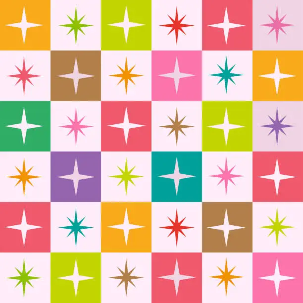 Vector illustration of Mid century Modern atomic starbursts seamless pattern  on colorful checkered squares