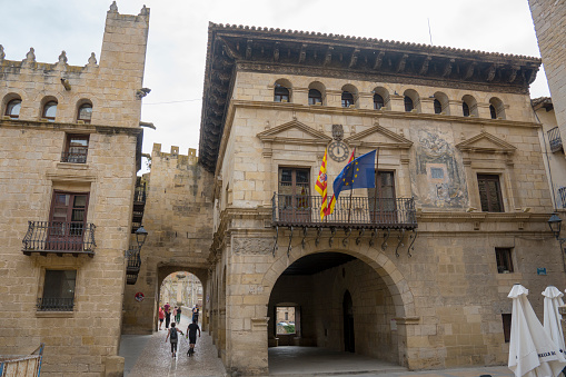 Valderrobres medieval village in Matarrana county Teruel Aragon Spain on April 12, 2023. Medieval town hall building.