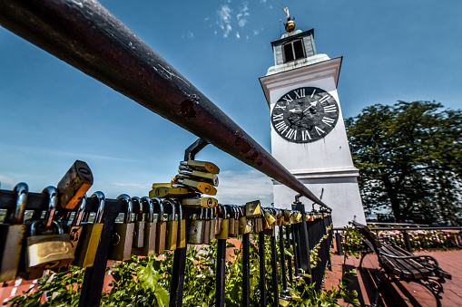 Clock Tower And Locks On Petrovaradin In Novi Sad, Serbia