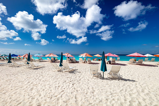 Umbrella's and lounge chairs on Shoal Bay Beach, Anguilla