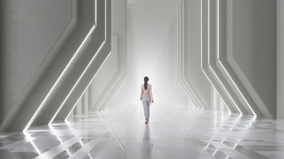 Woman walking in futuristic corridor. 3D generated image.