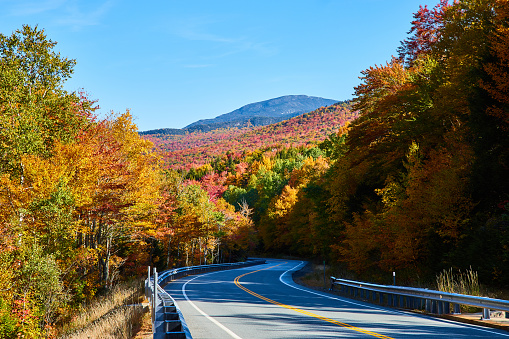 Image of Looking down road from side in mountains during peak fall with colorful foliage