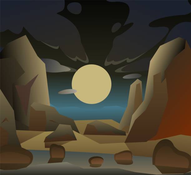 istock Hot desert sand and cliff. Rocky landscape with stones. Big bright moon in dark night sky. Cartoon fun style. Flat design. Vector 1488665892