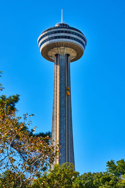 Image of Niagara Falls looking at tall Skylon Tower in Canada with elevator on outside