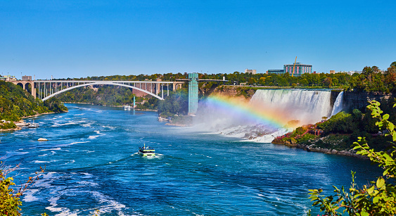 Image of Panorama of rainbow and tourist ship over Niagara River with view of Rainbow Bridge and American Falls