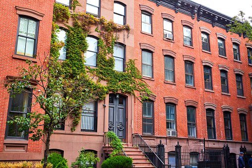 Patch of beautiful brick apartment buildings in New York City iconic Greenwich Village with ivy on walls.jpg