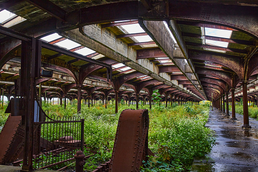 Image of Serene decayed and abandoned train station with rusted gates and overgrowth covering tracks
