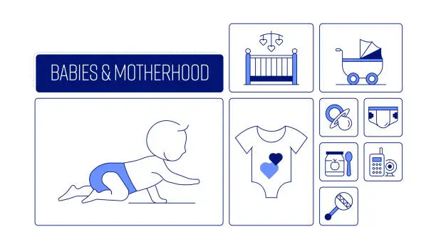 Vector illustration of Baby and Motherhood Related Vector Banner Design Concept, Modern Line Style with Icons
