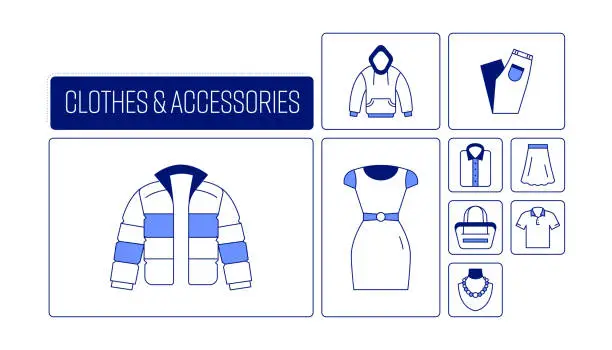 Vector illustration of Clothes and Accessories Related Design with Line Icons. Simple Outline Symbol Icons.