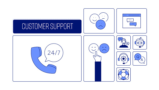 Customer Support Related Vector Banner Design Concept, Modern Line Style with Icons