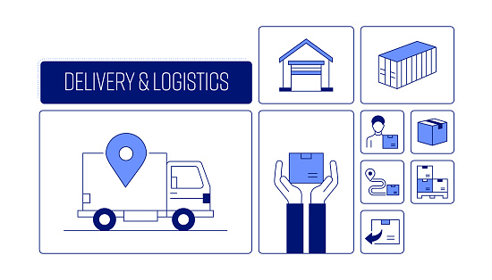 Delivery and Logistics Related Vector Banner Design Concept, Modern Line Style with Icons