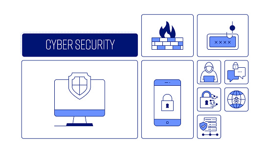 Cyber Security Related Vector Banner Design Concept, Modern Line Style with Icons