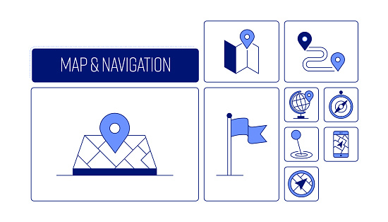 Map and Navigation Related Vector Banner Design Concept, Modern Line Style with Icons