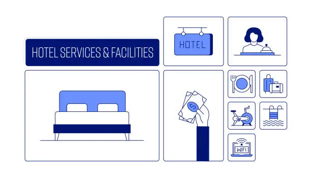 Vector illustration of Hotel Services Related Design with Line Icons. Simple Outline Symbol Icons.