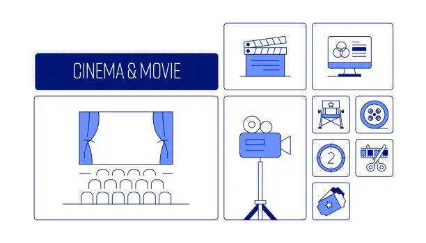 Vector illustration of Movie and Cinema Related Design with Line Icons. Simple Outline Symbol Icons.
