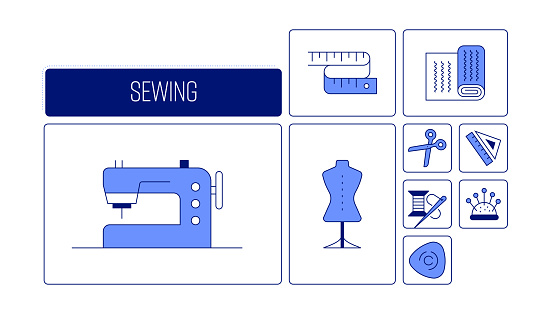 Sewing Related Design with Line Icons. Simple Outline Symbol Icons.
