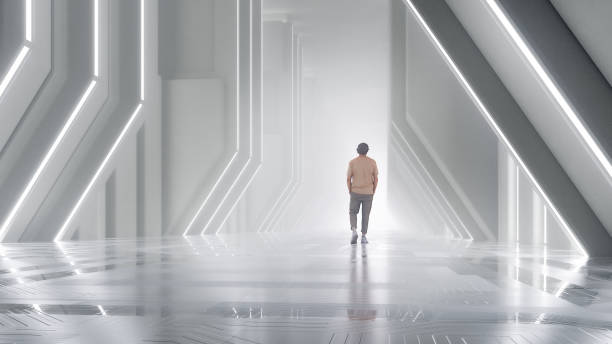 istock Man walking in futuristic corridor 1488675524