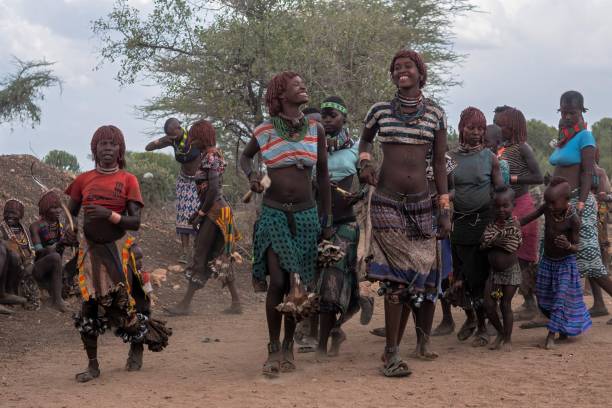 frauen des hamar-stammes singen und tanzen während der stiersprungzeremonie - afrikanischer volksstamm stock-fotos und bilder