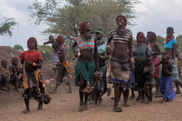 les femmes de la tribu hamar chantent et dansent pendant la cérémonie de saut de taureau - culture tribale africaine photos et images de collection