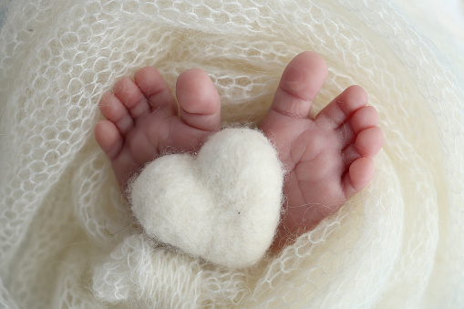 The tiny foot of a newborn baby. Soft feet of a new born in a white wool blanket. Close up of toes, heels and feet of a newborn. Knitted white heart in the legs of a baby. Macro photography