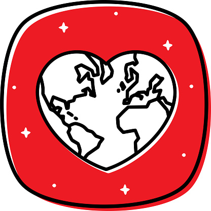 Vector illustration of a hand drawn heart shaped planet Earth against a red background.