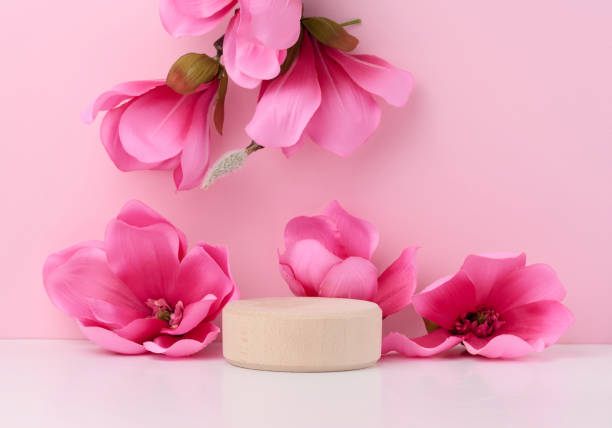 istock Empty round wooden platform and branches with pink magnolia flowers on a pink background. Place for demonstration of products 1488682420