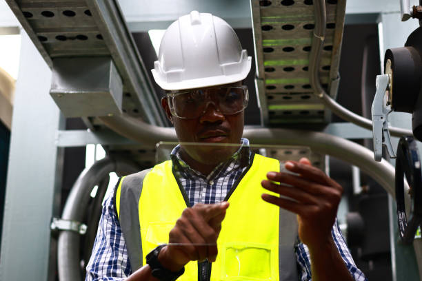 istock Black male engineer with safety PPE working on blank AI Digital tablet. Workspace for input graphic on tablet. Software engineer working on digital tablet 1488685657
