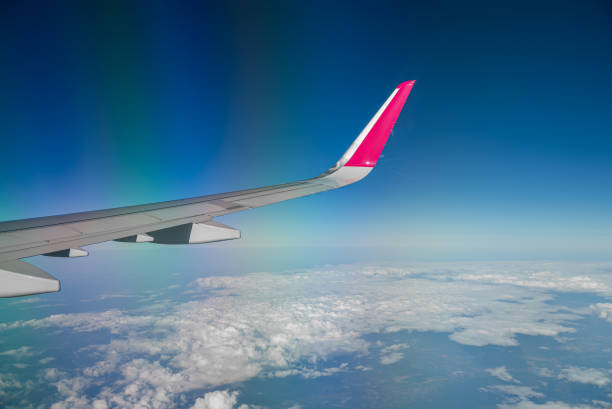 istock Wing of an airplane, view from window. 1488686561