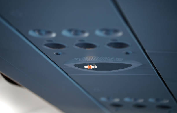 istock Interior inside of the plane. Smoking not allowed sign. 1488686642