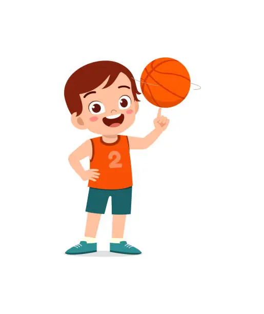 Vector illustration of little kid play basketball and feel happy