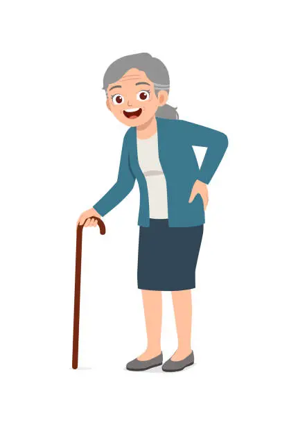 Vector illustration of old man using walking cane and feel happy