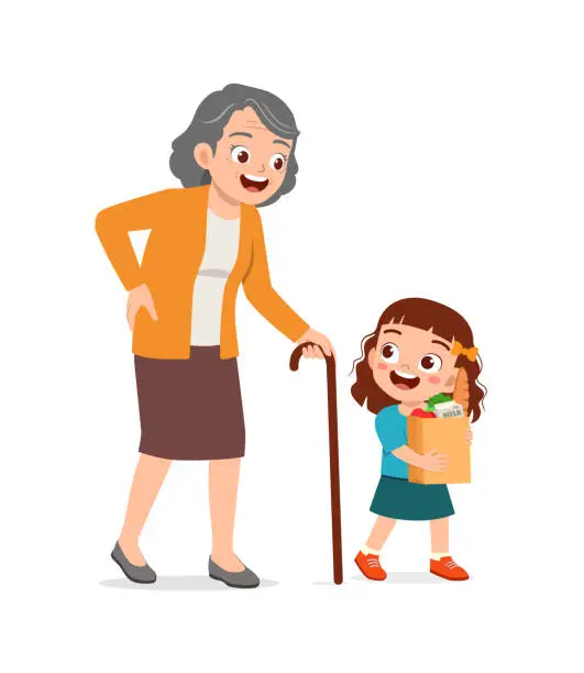 Vector illustration of little kid helping eldery to bring grocery