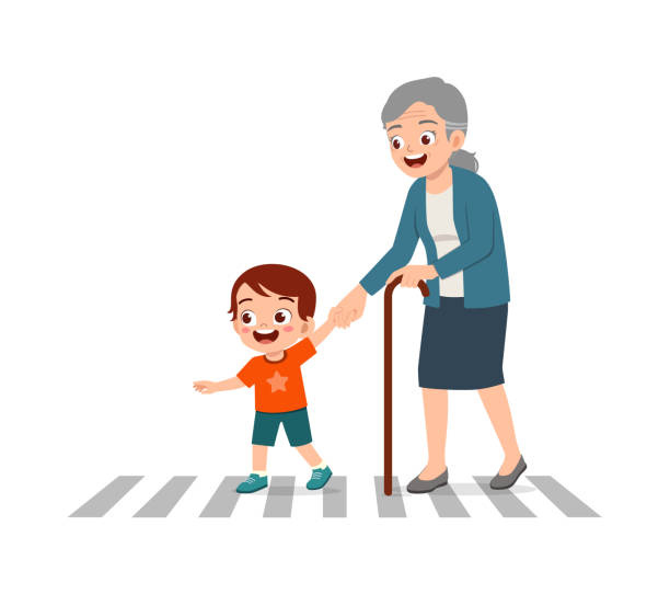 高齢者が道路を横断するのを手伝う小さな子供 - pedestrian senior adult street crossing点のイラスト素材／クリップアート素材／マンガ素材／アイコン素材