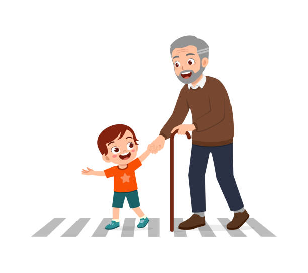 高齢者が道路を横断するのを手伝う小さな子供 - pedestrian senior adult street crossing点のイラスト素材／クリップアート素材／マンガ素材／アイコン素材