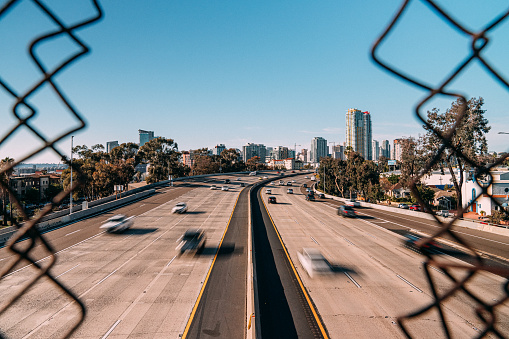 High Angle View of Afternoon I-5 Traffic in San Diego California from a Pedestrian Bridge near Highway 75 Intersection to Coronado