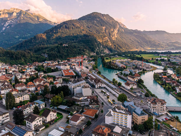 An Elevated View of the Aare River Flowing through Interlaken, Switzerland between Lake Thun and Lake Brienz
