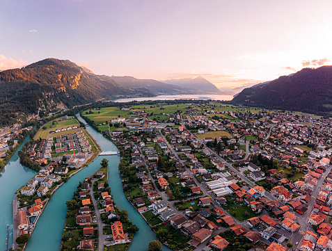 An Elevated View of the Aare River Flowing through Interlaken, Switzerland between Lake Thun and Lake Brienz