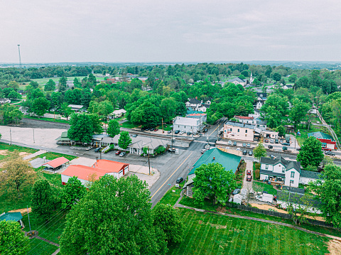 Aerial view from Adams Overlook along the Mohawk Trail in Massachusetts, USA. Adams Overlook faces east, looking over the town of Adams to the Hoosac Range, a branch of the Berkshire Mountains.